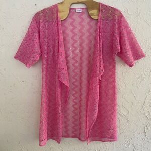 LuLaRoe Pink Crochet Zig Zag Open Front Kimono Cardigan‎ Swim Coverup Size L